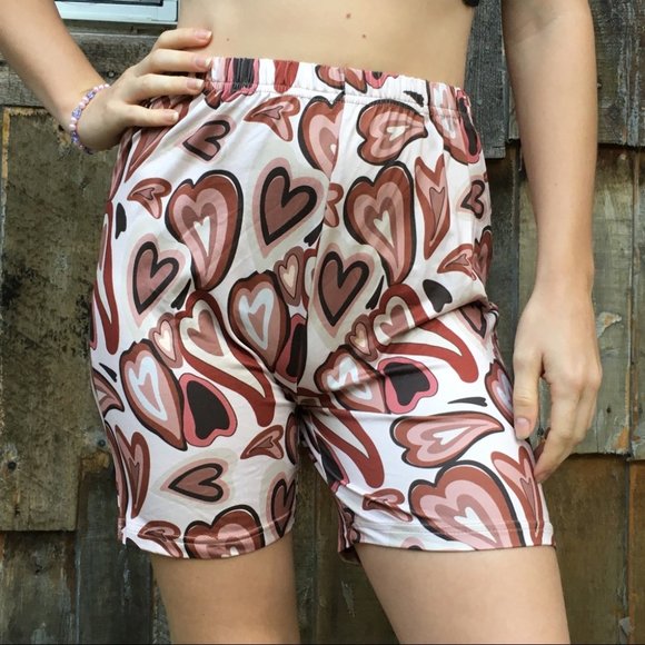 Romwe Brown Hearts High Waisted Bike Shorts Small - Picture 2 of 7